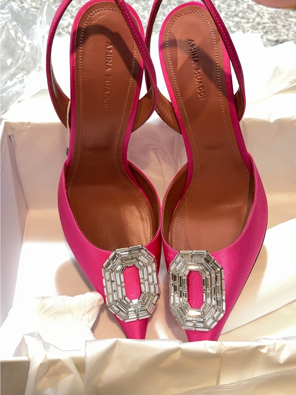 Amina Muaddi Fuchsia Satin Pointed Slingbacks with Crystal Buckles